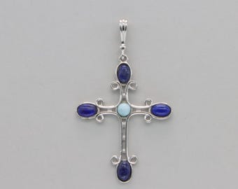 Lapis Lazuli & Larimar Cross Pendant: 925 Sterling Silver Gemstone