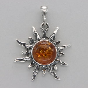 Cognac / Brown - BALTIC AMBER Sun Pendant in 925 Sterling Silver - Genuine and Natural - Gemstone from Poland - Fossilized Resin