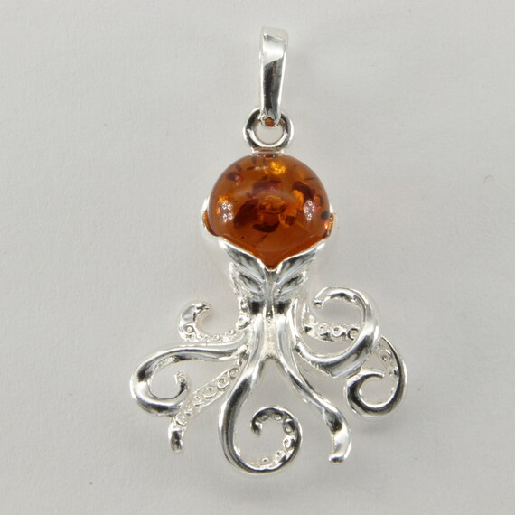 Octopus Pendant Slide with Genuine Baltic Amber Sterling Silver Octopus Pendant Slide with Genuine Baltic Amber Sterling Silver