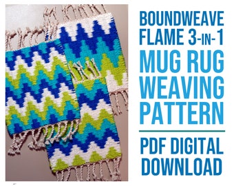 May include: Two woven mug rugs with a flame pattern in blue, green, and white. The rugs have fringe on the bottom and are made with a boundweave technique. The text "BOUNDWEAVE FLAME 3-IN-1 MUG RUG WEAVING PATTERN PDF DIGITAL DOWNLOAD" is in blue text on a white background.