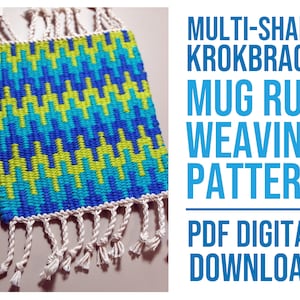 May include: A multi-shaft krokbragd mug rug weaving pattern in a PDF digital download format. The pattern features a geometric design with blue, green, and white yarn.