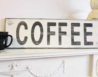 Kaffe träskylt, rustik lantlig köksdekor, handmålad