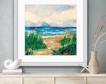 Beach Path Watercolor Painting, Coastal Landscape Art Print, Seascape Wall Decor
