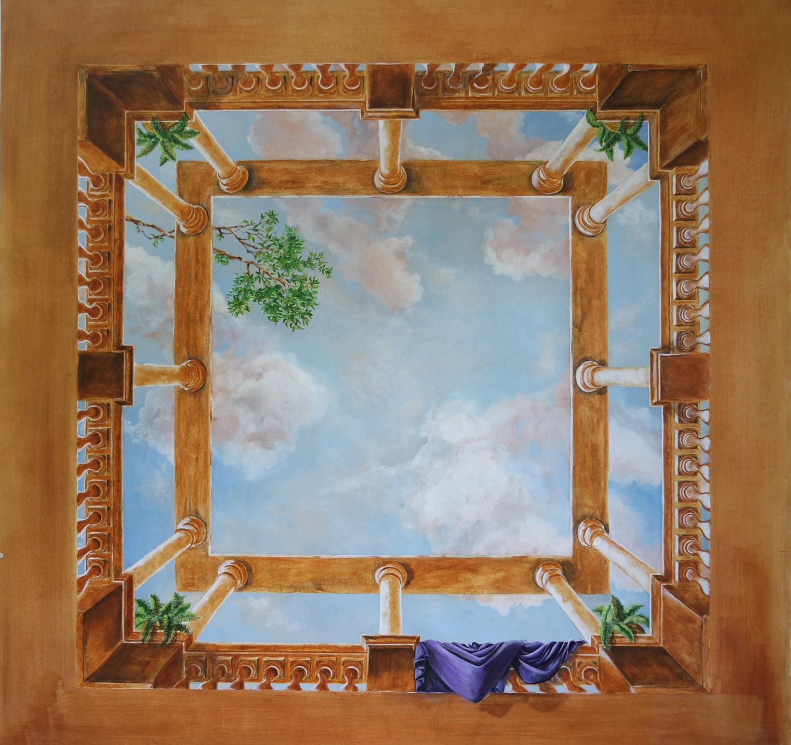 Unique Hand Painted Canvas for a Ceiling Inspired by a Roman Atrium