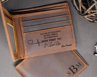 Leather Husband Anniversary Gift Boyfriend Gift Minimalist Pocket Wallet Personalized Quote Slim Wallet For Men Custom Mens Wallet