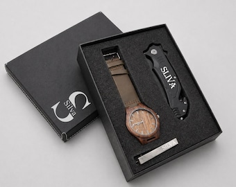 Wooden Watch Gift Set, Personalized wooden watch, Groomsmen Gift, Knife Gift Box, Best Man Gift, Sunglasses, Shot Glass, Men's gift