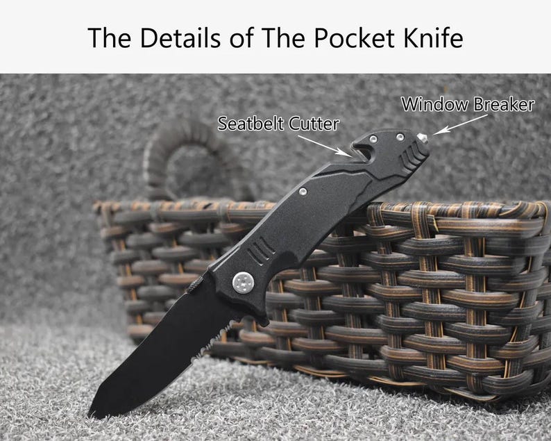 May include: A black pocket knife with a serrated blade, a seatbelt cutter, and a window breaker. The text "The Details of The Pocket Knife" is at the top of the image. The knife is resting on a woven basket.