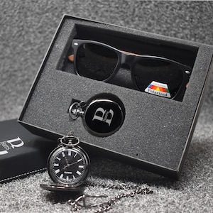 Groomsman Gift Set, Personalized Pocket Watch, Wooden Sunglasses in Groomsman Gift Box, anniversary  Gift, father&#39;s gift, Mens Gift