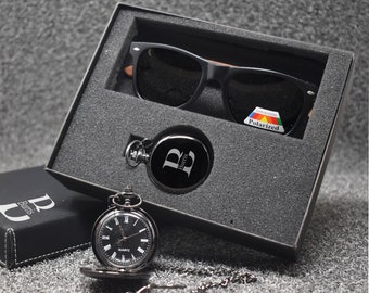 Groomsman Gift Set, Personalized Pocket Watch, Wooden Sunglasses in Groomsman Gift Box, anniversary  Gift, father's gift, Mens Gift