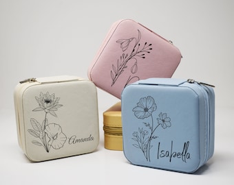 Birth Flower Travel Jewelry Case, Birth Month Flower Gift, Personalized Birthday Gift, Gift for Mother, Gift for Daughter, Girl friend