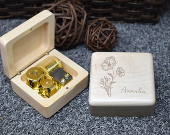 Personalized maple wood music box, Birth Flower music box, Birthday Gift, Gift for Her, Gift for Wife, Gift for Daughter