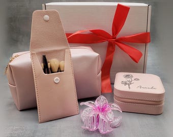 Personalized Birth Flower Travel Jewelry Case Set, Birth Flower Gift box, Birthday Gift, Gift for her, Mother, Daughter, Hygge Gift Box