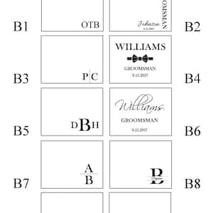 May include: A collection of box designs with various text and graphic options. Designs include initials, names, and the word "GROOMSMAN" with dates. The text is in a classic, elegant font, suitable for personalized gifts.