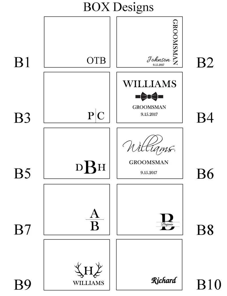 May include: A collection of box designs with various text and graphic options. Designs include initials, names, and the word "GROOMSMAN" with dates. The text is in a classic, elegant font, suitable for personalized gifts.