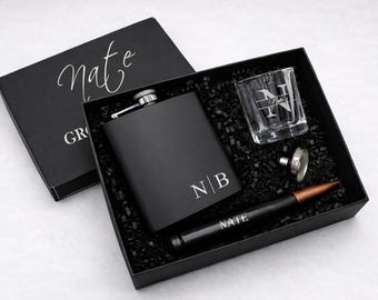 Groomsman Flask Gift Set, Engraved Leather Box, Shot Glass, pocket knife, Proposal Gift, Gift for him, Man, Dad, Boyfriend