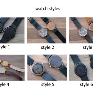 May include: An image showcasing six different wooden watch styles with leather straps. Each watch has a unique face design and strap color, ranging from dark wood to lighter tones. The text "watch styles" is at the top, with "style 1" through "style 6" below each watch.