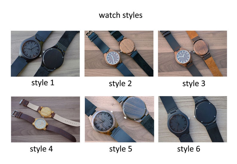 May include: An image showcasing six different wooden watch styles with leather straps. Each watch has a unique face design and strap color, ranging from dark wood to lighter tones. The text "watch styles" is at the top, with "style 1" through "style 6" below each watch.