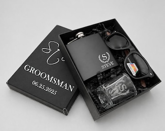 Flask Gift Box, Engraved Flask, Shot Glass, Sunglasses, Best man Gifts, Groomsman Proposal Gifts, Wedding gift, Men gifts, Dad