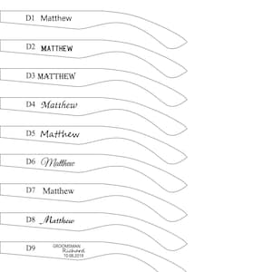 May include: A white graphic showing nine sunglasses designs. Each design features a different style of arm, with the name "Matthew" or "Groomsmans Richard 10.08.2019" printed on the arm. The text "SUNGLASSES DESIGNS" is at the top.
