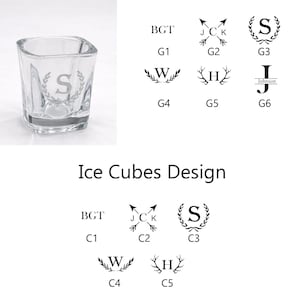 May include: A clear, square shot glass with the letter "S" inside a laurel wreath design. The image also shows various design options for shot glasses and ice cubes, including initials and other symbols. The text "Shot Glass Design" and "Ice Cubes Design" are visible.