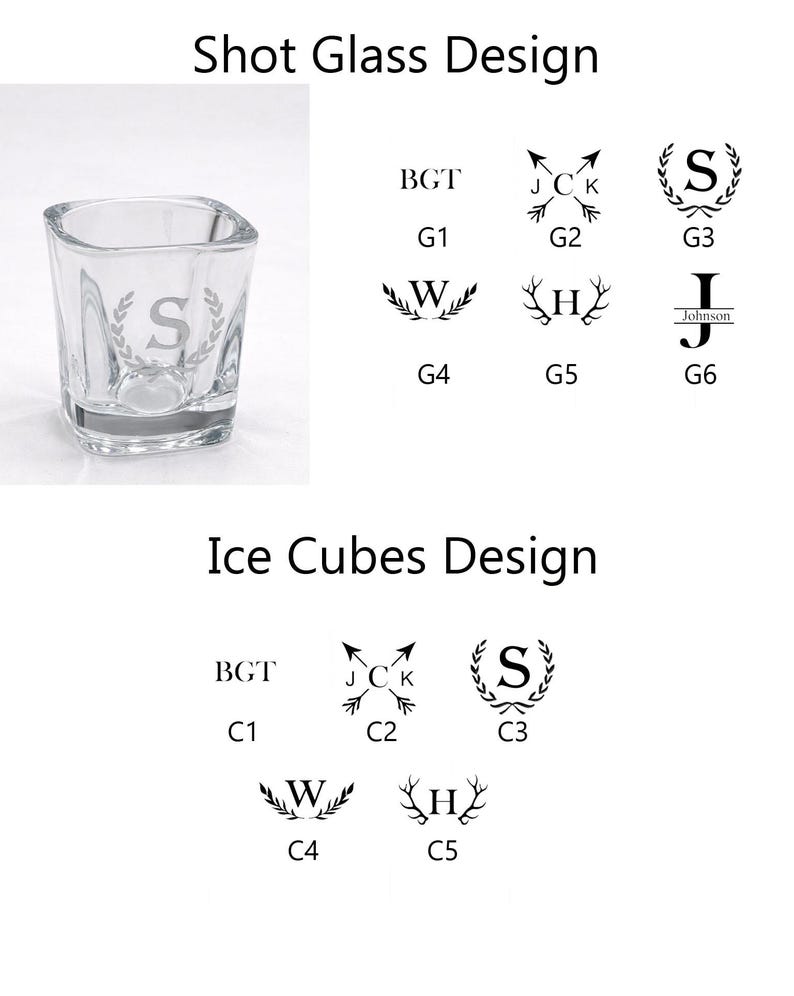 May include: A clear, square shot glass with the letter "S" inside a laurel wreath design. The image also shows various design options for shot glasses and ice cubes, including initials and other symbols. The text "Shot Glass Design" and "Ice Cubes Design" are visible.