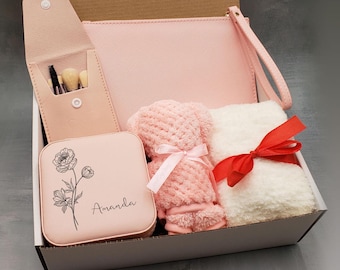 Personalized Travel Jewelry Case Set, Birth Flower Gift box, Birthday Gift, Gift for her, Mother, Daughter, Christmas gifts set,