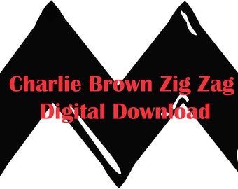 Może przedstawiać: Czarno-biały wzór w zygzak, z tekstem "Charlie Brown Zig Zag Pobierz cyfrowo" w kolorze czerwonym.