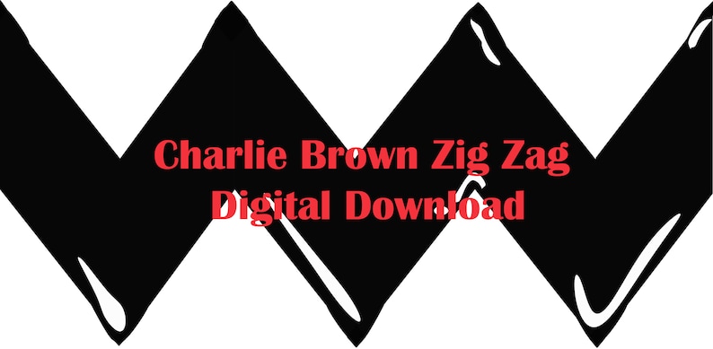 K&ouml;nnte beinhalten: Schwarz-wei&szlig;es Zickzack-Muster mit dem Text "Charlie Brown Zig Zag Digitaler Download" in Rot.