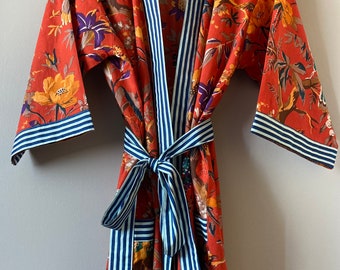 Pure cotton robe, kimono, dressing gown, cover up, housecoat, loungewear, Indian block print, Red bird of paradise design