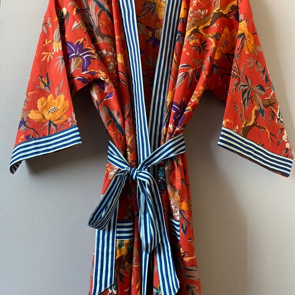 Pure cotton robe, kimono, dressing gown, cover up, housecoat, loungewear, Indian block print, Red bird of paradise design