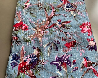 Cotton Indian Kantha Quilt/Blanket/Throw. Single bed size. Light Blue with Bird of Paradise design