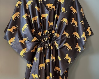 Short length cotton hand block printed beach Kaftan, cover up, throw over. Black and gold leopard design. ON SALE!