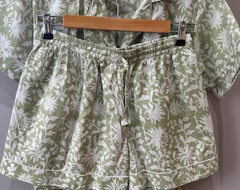 Ladies Cotton Pyjama set, block printed fabric, nightwear, shorts and shirt style. Lime green and white plant design