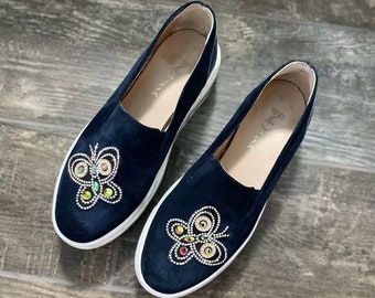 Blue suede all leather embellished design slip on shoe with rubber platform sole. ON SALE!!