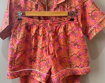 Ladies Cotton Pyjama set, block printed fabric, nightwear, shorts and shirt style. Coral orange and pink floral design
