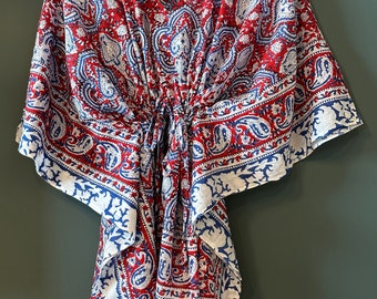 Short length cotton hand block printed beach Kaftan, cover up, throw over. Red and blue paisley design. SALE PRICE