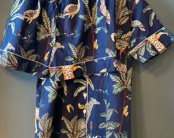 Ladies Cotton Pyjama set, block printed fabric, nightwear, loungewear, shorts and shirt style. Navy Blue Jungle Print Design. ON SALE!