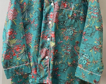 Ladies Cotton Pyjama set, block printed fabric, nightwear, long pants and shirt style. Teal Exotic Bird and floral design. ON SALE!