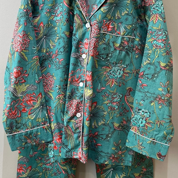 Ladies Cotton Pyjama set, block printed fabric, nightwear, long pants and shirt style. Teal Exotic Bird and floral design. ON SALE!