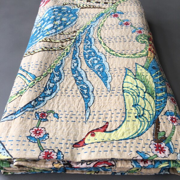 Handmade 100% Cotton Bird of Paradise Indian Kantha Stitched Blanket/Throw King Size