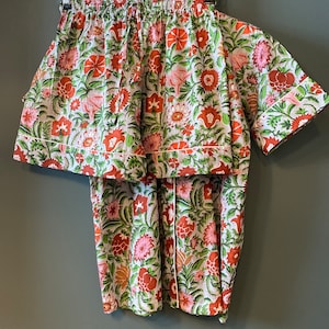 Ladies Cotton Pyjama set, block printed fabric, nightwear, shorts and shirt style. Light grey with with lime green and red flowers. ON SALE!