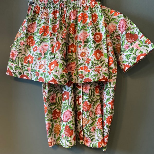 Ladies Cotton Pyjama set, block printed fabric, nightwear, shorts and shirt style. Light grey with with lime green and red flowers. ON SALE!