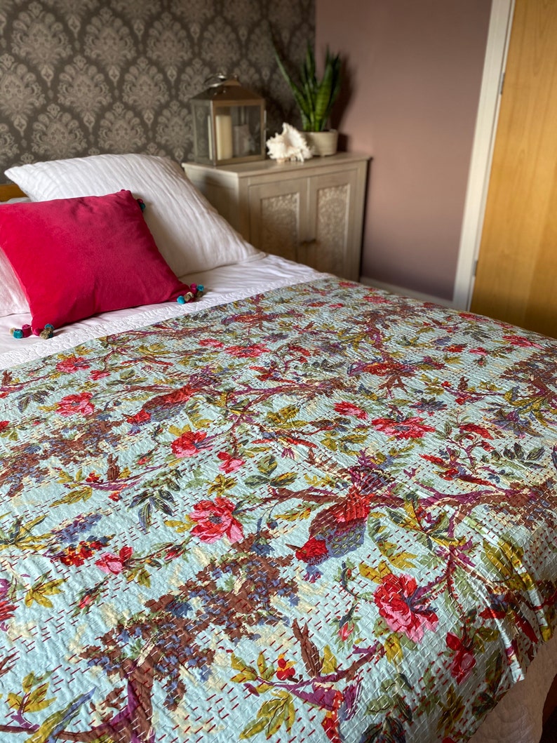 Cotton Indian Kantha Quilt/Blanket/Throw King Size. Pale blue Etsy