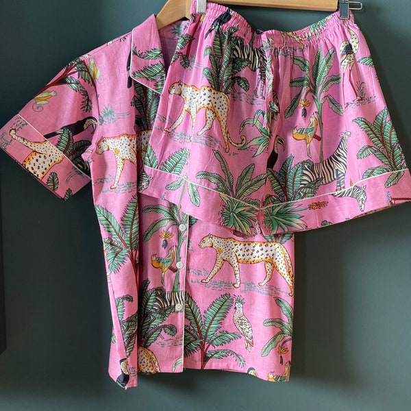 Ladies Cotton Pyjama set, block printed fabric, nightwear, loungewear, shorts and shirt style. Pink Jungle Print. LAST PAIR!