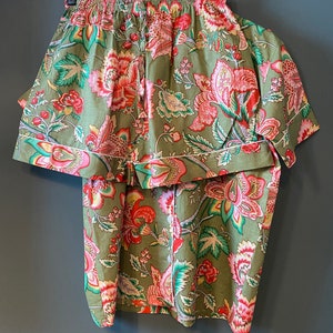 Ladies Cotton Pyjama set, block printed fabric, nightwear, shorts and shirt style. Green with pink flower Design. Last pair - ON SALE!