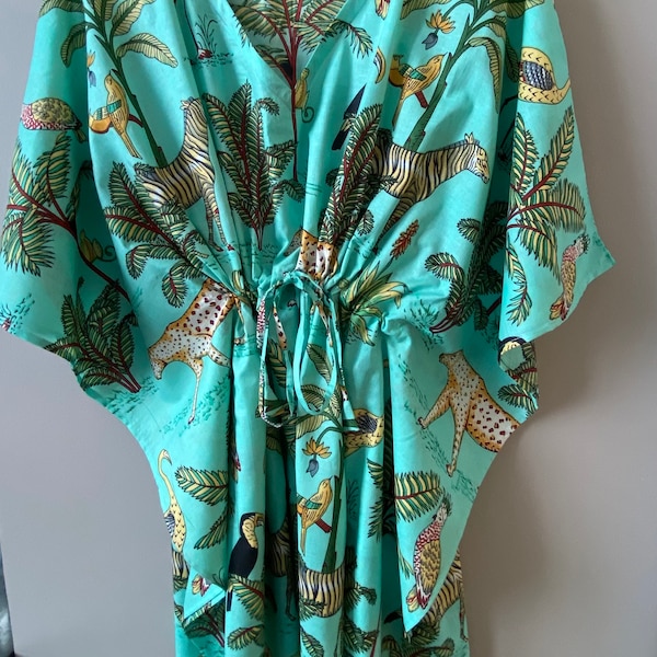 Pure cotton hand block printed beach Kaftan, dress, throw over. Peppermint green jungle scene design. ON SALE!