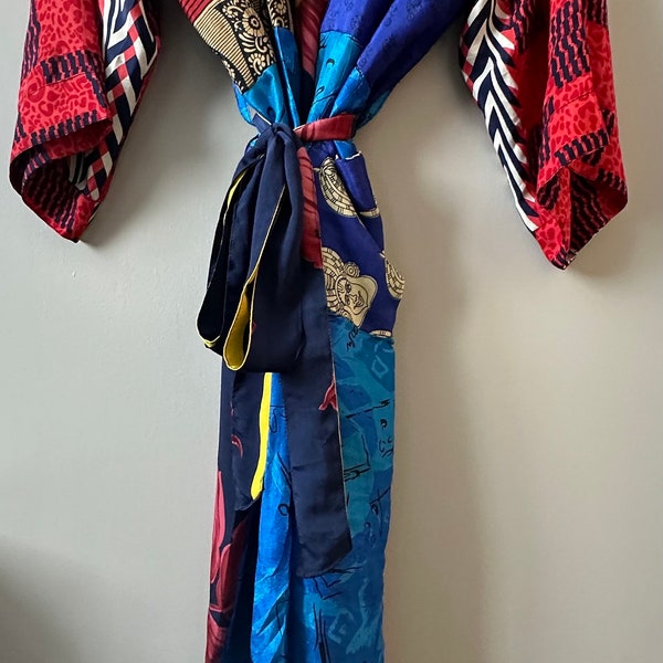 Ladies Kimono Robe, Dressing Gown, silky housecoat. Patchwork fabric.