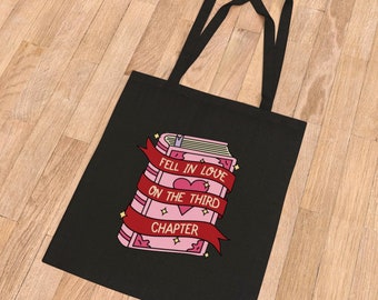 Fell in love by the third chapter bookish tote bag