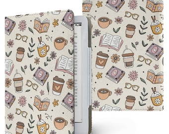 Böcker och kaffe, bokligt PU-fodral för Kindle Paperwhite 11:e, 12:e generationens e-läsare i plånboksstil, veganskt läderfodral, bokligt fodral