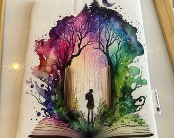 Funda de libro con diseño de luna y bosque en acuarela, funda para libro, funda para libro, sobrecubiertas de tela